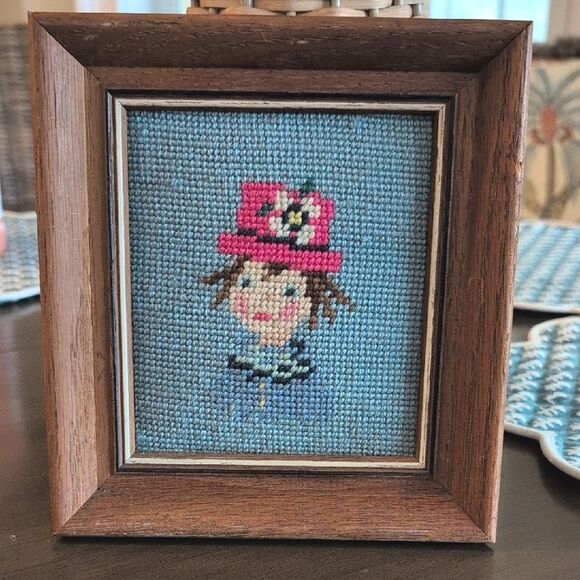 Vintage Framed Needlepoint Art Picture Girl with Pink Hat - Picture 1 of 8